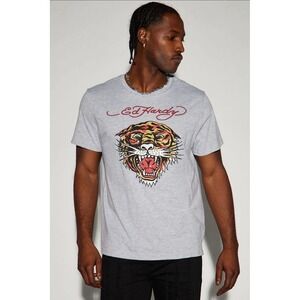ED‎ HARDY Rhinestone Retro Tiger Graphic T-Shirt Gray Men's Size XL *NEW* $85